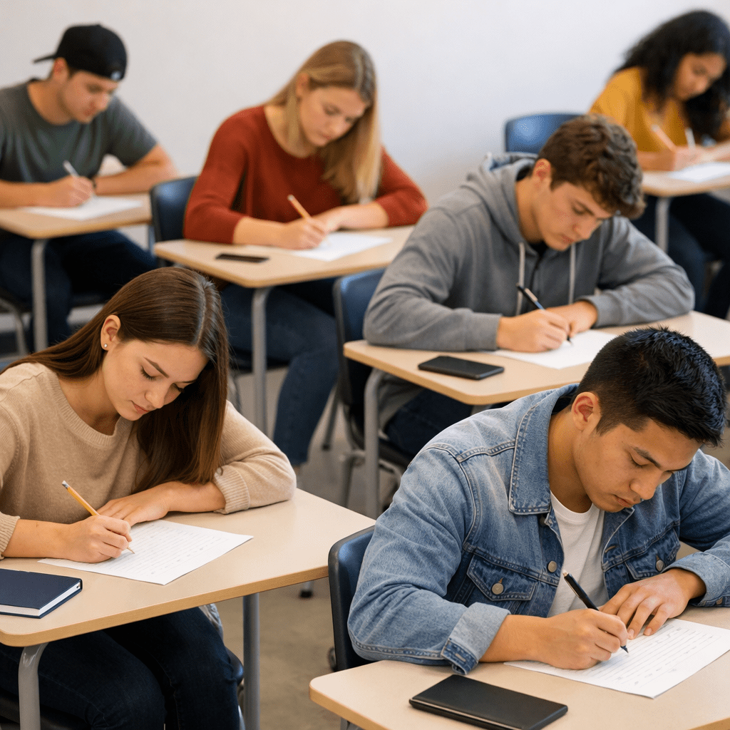 Students seated at individual desks writing on exam papers in a classroom