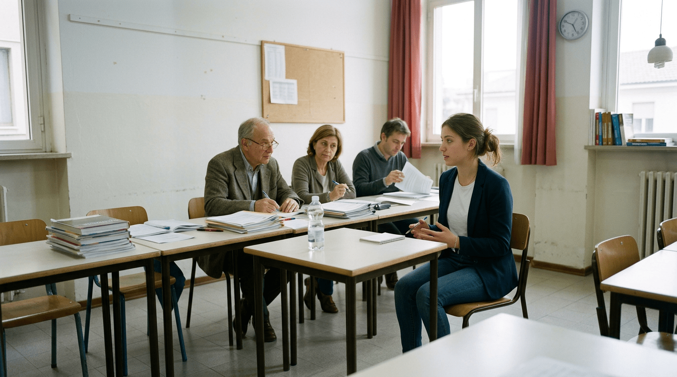 Young woman interviewed by three panelists at tables with documents